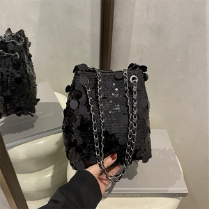 Fashionable black sequin bucket bag with silver chain strap for women party wear