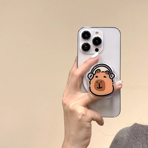 Schattige capibara acryl telefoonhouder met magnetische bevestiging op witte smartphone