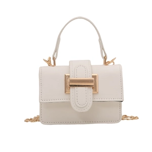 Elegant cream white square handbag with golden buckle and chain strap on white background
