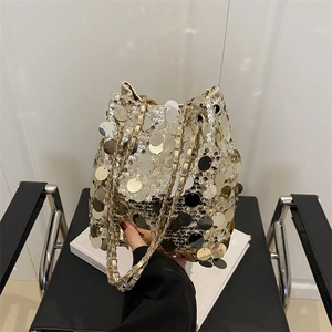 Sac Seau à Paillettes Style Français pour Femmes Sac Bandoulière Tendance avec Chaîne en Métal Sac à Épaule de Soirée