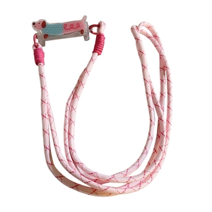 Pink woven lanyard crossbody strap with cute cartoon dachshund phone clip attachment