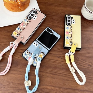 Cute Cartoon Puppy Foldable Phone Case Leather Texture For Samsung Z Flip Huawei Pocket 3D Dog Lanyard Wrist Strap Cover