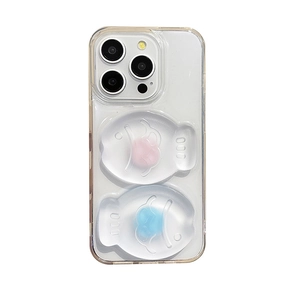 Clear iPhone case with cute 3D taiyaki bubble fish charms in pink and blue colors