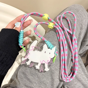 Close-up of doodle cat acrylic phone clip with pink and blue braided adjustable strap
