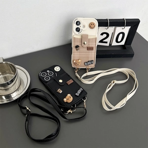 Coffee bear crossbody iPhone case with card holder and adjustable leather strap