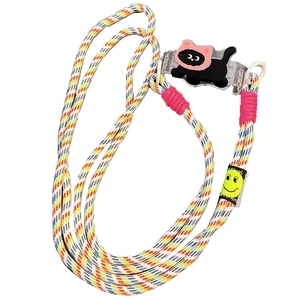 Crossbody woven braided phone lanyard with black cat clip and yellow smiley badge strap
