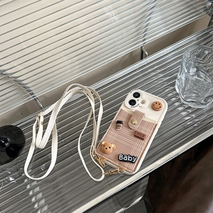 Detail of crossbody iPhone case with bear pattern pocket and adjustable strap