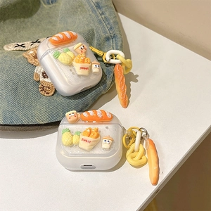 3D glitter bread charms on clear silicone protective case for AirPods with yellow lanyard