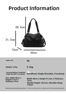 Detailed dimension chart for large black PU tote bag showing size and adjustable strap