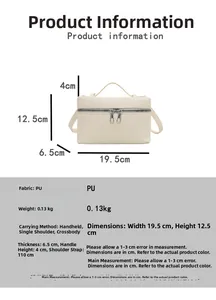 Detailed size specifications for cream leather handbag with crossbody strap and handle