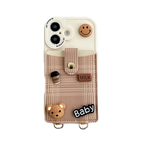 Crossbody iPhone case with coffee bear coin purse and brown houndstooth card holder