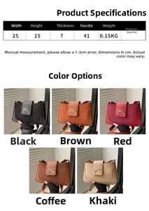 Detailed size guide and color options for the bow-knot shoulder bag, showing dimensions