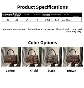 Detailed size chart and four-color leopard print handbags with gold bow hardware