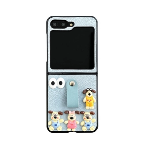 Cute blue leather folding phone case with 3D cartoon dog ornaments for Z Flip series