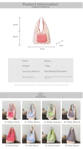 Detailed size specifications and reversible design of the nylon bow print tote bag