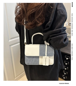 Close-up of contrast color small square bag in white leather and blue denim on model