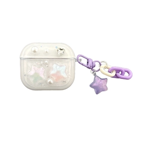 Glittering transparent AirPods case with purple star pendant and pearl ornaments