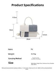 Detailed view of color-block PU leather handbag with 20x14x6.5cm size specifications