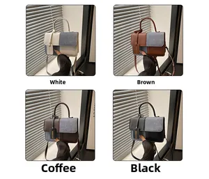 Detail view showing four colors of patchwork leather and denim handbags with crossbody strap