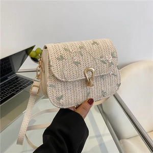 Sac à bandoulière en paille avec broderie florale et fermoir doré pour femme