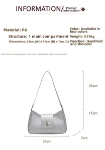 Dimensions détaillées du sac baguette en PU argenté avec boucle étoile et poche principale