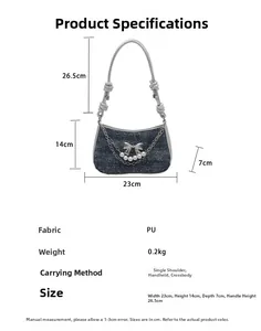 Detailed size chart for denim style PU crossbody bag with bow and pearl chain details