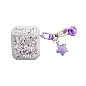 Purple glitter case for AirPods with matching star charm chain and glossy finish