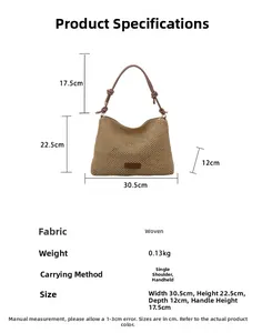 Detailed dimensions of the woven straw tote bag with size, weight, and strap height info