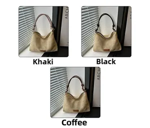 Detailed view of handmade woven beach tote bags in khaki, black, and coffee brown colors