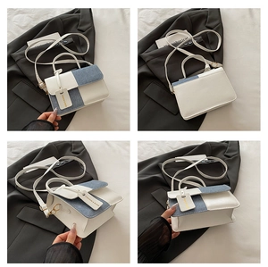 Detail view showing four angles of a contrast color crossbody bag with denim flap