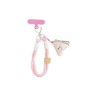Dragonne de téléphone en peluche sandwich rose avec clip cœur et sangle épaisse
