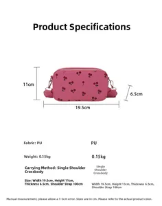 Pink saddle bag with cherry pattern showing dimensions 19.5x11x6.5cm on white background