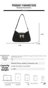 Detailed size specifications for the black PU leather baguette bag with silver bow accent