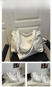Vertical collage showing a white oversized textured leather tote bag and lifestyle shots