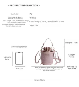 Pink drawstring bucket bag size comparison with dimensions and features list