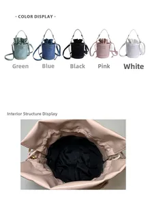 Detail view of drawstring bucket bag in five colors and its spacious interior lining