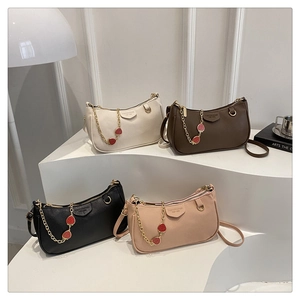 Litchi texture leather square bags in four colors with strawberry chain charms