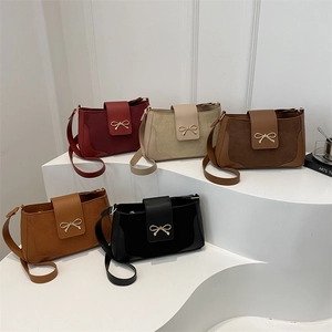 Women Retro Suede Leather Stitching Shoulder Bag Minimalist Crossbody Bag With Bow Metal Buckle Fashion Underarm Handbag