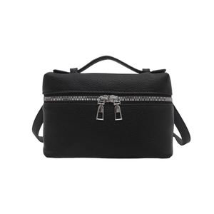 Chic black litchi pattern square handbag with silver zipper and adjustable strap