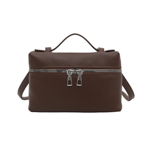 Brown pebble leather box handbag with silver zipper and dual carrying straps for women