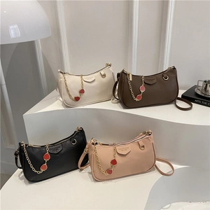 Women Shoulder Bag PU Leather Litchi Grain Strawberry Charm Gold Chain Underarm Crossbody Bag Fashion Casual