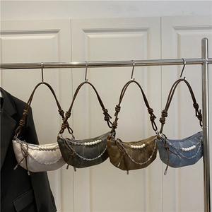 Fashionable crescent hobo bag in four colors with pearl chain and knotted handle design