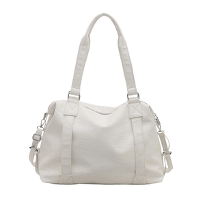 White lychee pattern PU leather tote bag with long handles and zipper closure for travel