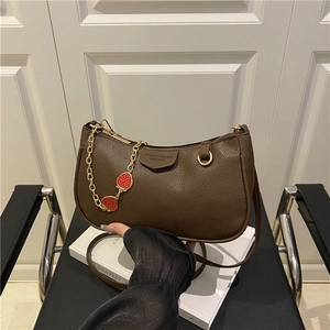 Retro dark brown litchi pattern hobo bag with strawberry chain and gold hardware