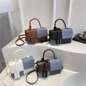 Women Patchwork Shoulder Bag PU Leather And Denim Small Square Handbag With Top Handle Adjustable Strap Casual Chic