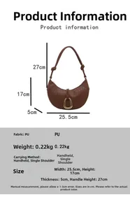 Detail view of woven brown half-moon shoulder bag with precise dimensions and specifications