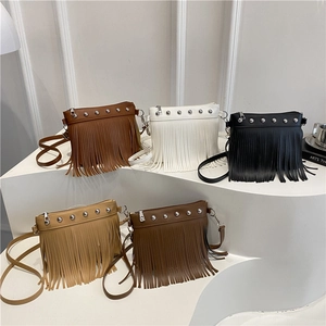 Fringed bucket crossbody bag for women in white, black, brown, and khaki with studs