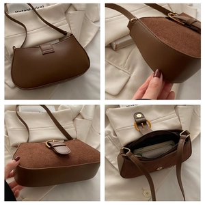 Detailed four-way view showing suede texture, gold buckle, and interior of brown hobo bag