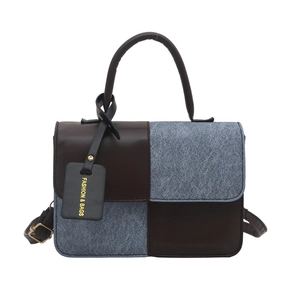 Retro color-block handbag in dark brown leather and blue denim with a top handle