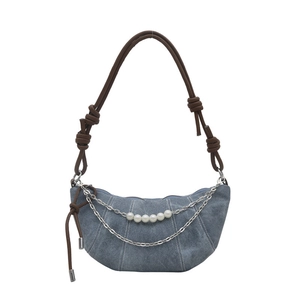 Blue denim crescent hobo bag with pearl chain decoration and brown shoulder strap